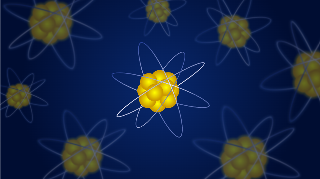 Синий школьный фон презентации с желтыми ядрами атомов
